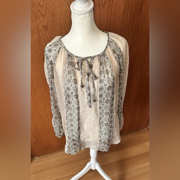Roz Ali Boho Womens Long Sleeve Sheer Geometric Pattern Blouse Tie Neck Size Med - Picture 1 of 14